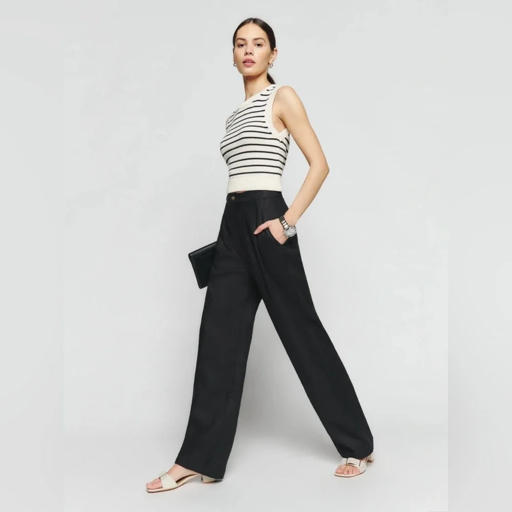 Reformation mason linen pants black high rise drapey wide‎ leg trouser 8Petite